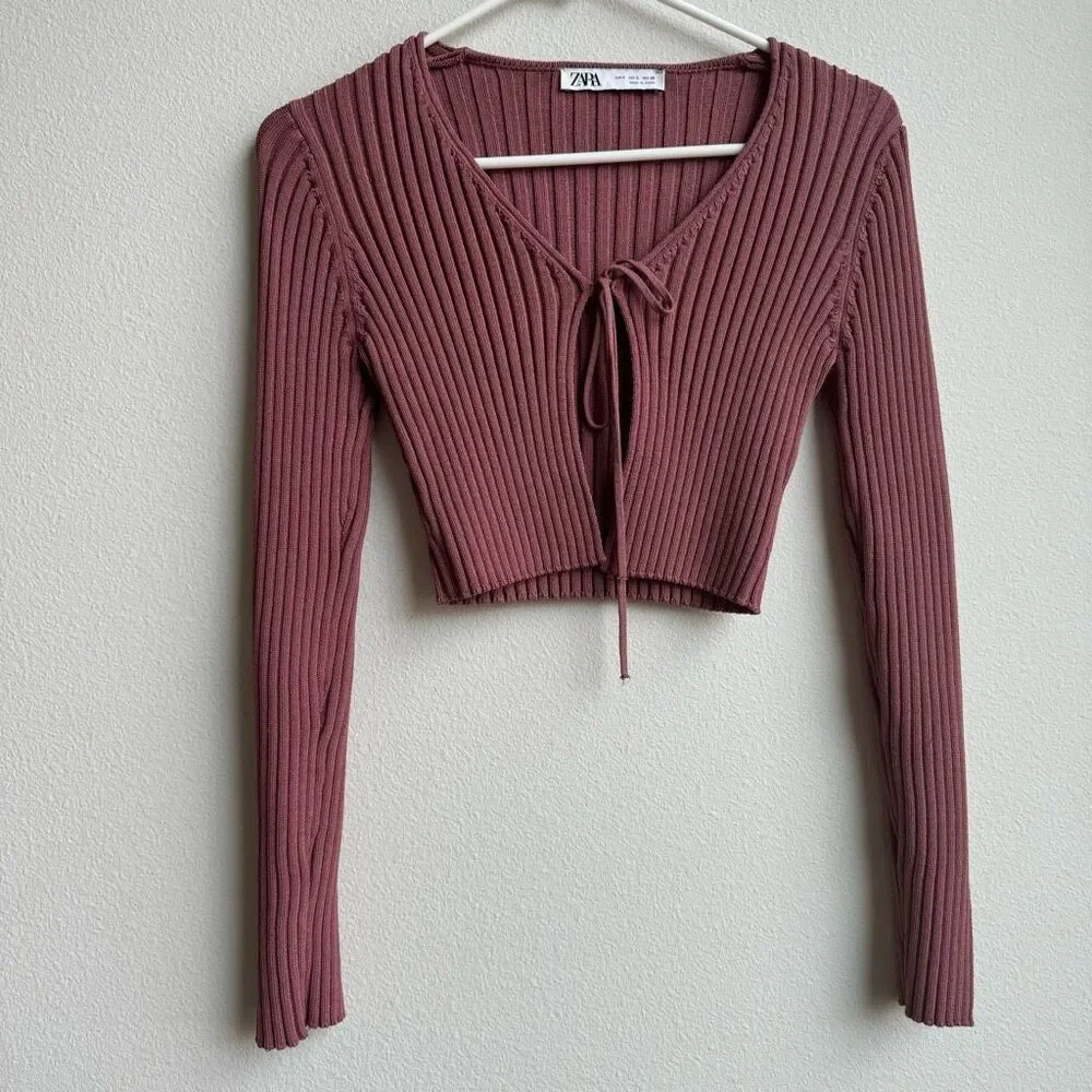 Zara Pink Ribbed Heavy Knit Tie Front Cardigan Cropped Sweater Size Small
